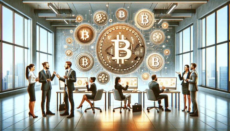 Representación conceptual de bitcoins digitales junto a computadoras en una oficina moderna y personas conversando.