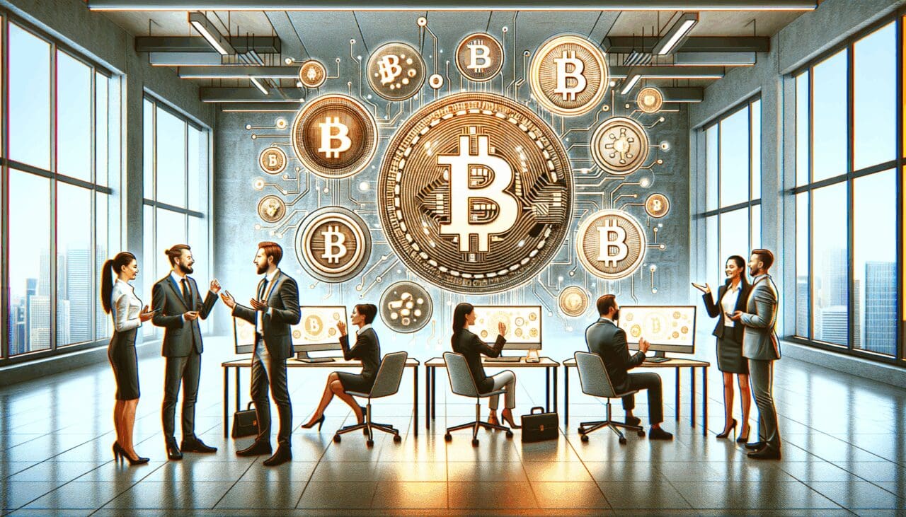 Representación conceptual de bitcoins digitales junto a computadoras en una oficina moderna y personas conversando.