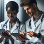 Vista de médicos interactuando con dispositivos digitales en un entorno tecnológico.
