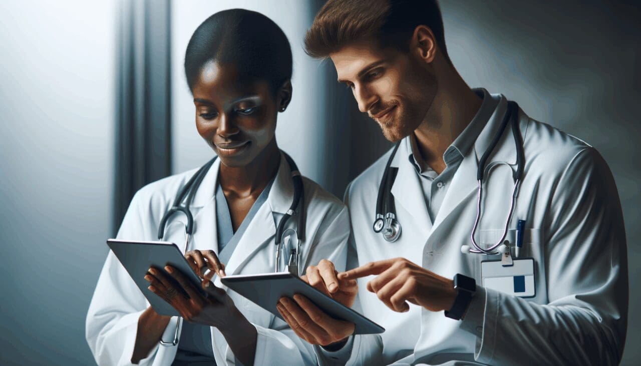 Vista de médicos interactuando con dispositivos digitales en un entorno tecnológico.