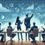 Ilustración de emprendedores revisando gráficos financieros en un entorno tecnológico moderno.