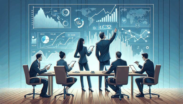Ilustración de emprendedores revisando gráficos financieros en un entorno tecnológico moderno.