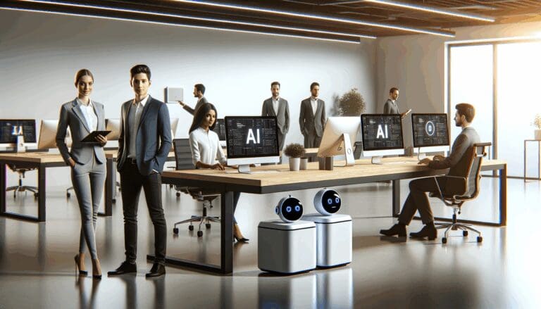 Emprendedores trabajando en una oficina moderna con pantallas y dispositivos de IA.