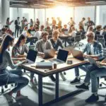 Oficinas modernas de tecnología con jóvenes emprendedores colaborando en laptops