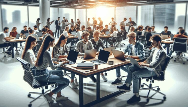 Oficinas modernas de tecnología con jóvenes emprendedores colaborando en laptops