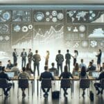 Grupo de inversionistas reunidos en una sala moderna con pantallas tecnológicas y diagramas de crecimiento, ambiente de networking y emprendimiento.