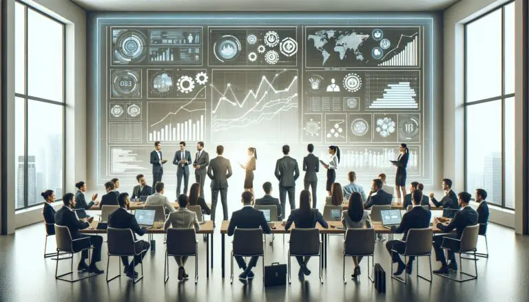 Grupo de inversionistas reunidos en una sala moderna con pantallas tecnológicas y diagramas de crecimiento, ambiente de networking y emprendimiento.