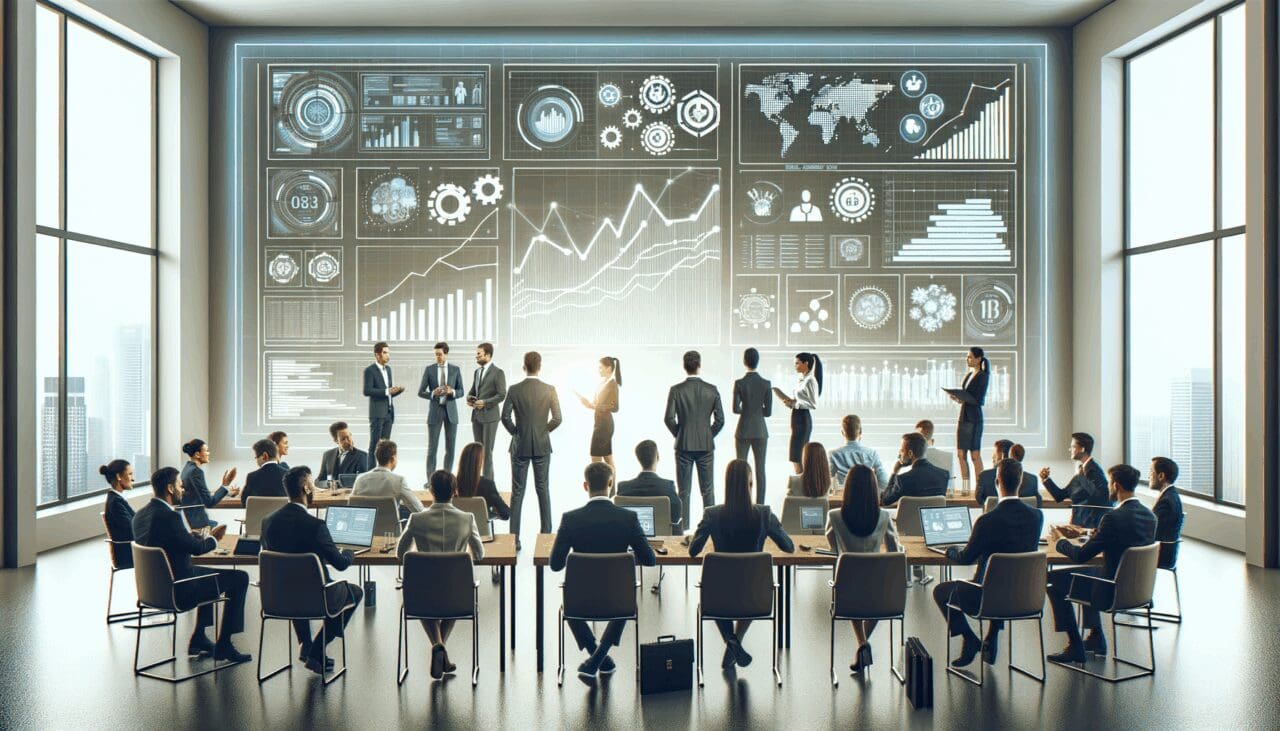 Grupo de inversionistas reunidos en una sala moderna con pantallas tecnológicas y diagramas de crecimiento, ambiente de networking y emprendimiento.