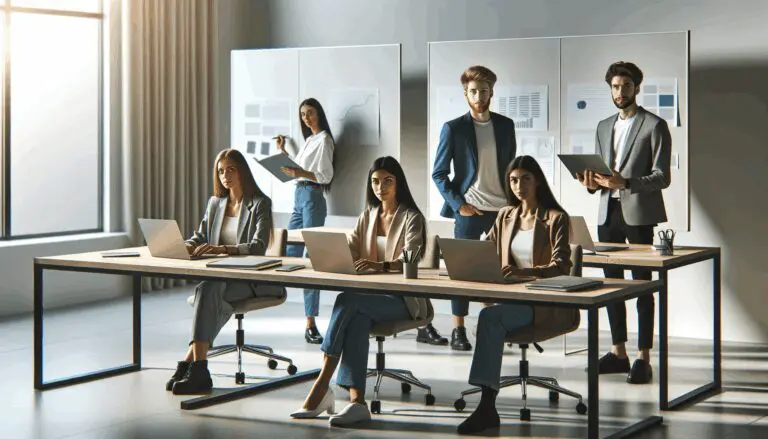 Emprendedores jóvenes trabajando en una oficina moderna con pizarras digitales y laptops.