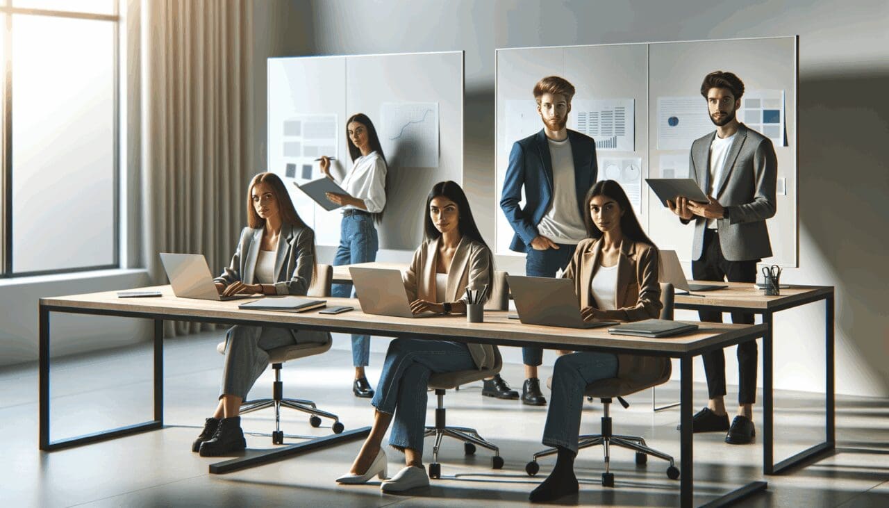 Emprendedores jóvenes trabajando en una oficina moderna con pizarras digitales y laptops.