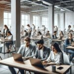 Espacio interior moderno lleno de emprendedores colaborando en laptops en un entorno de coworking.