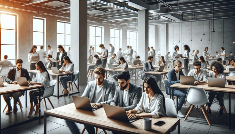 Espacio interior moderno lleno de emprendedores colaborando en laptops en un entorno de coworking.