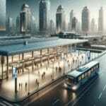 Terminal de buses moderno y concurrido en una ciudad latinoamericana, ambiente urbano, estilo corporativo.