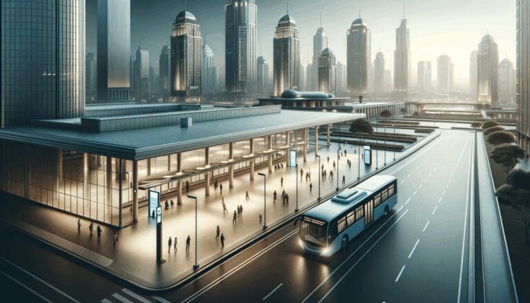 Terminal de buses moderno y concurrido en una ciudad latinoamericana, ambiente urbano, estilo corporativo.