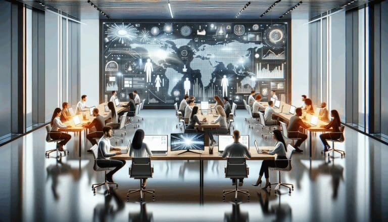 Oficina moderna con computadores portátiles encendidos y personas colaborando en un ambiente dinámico de tecnología.