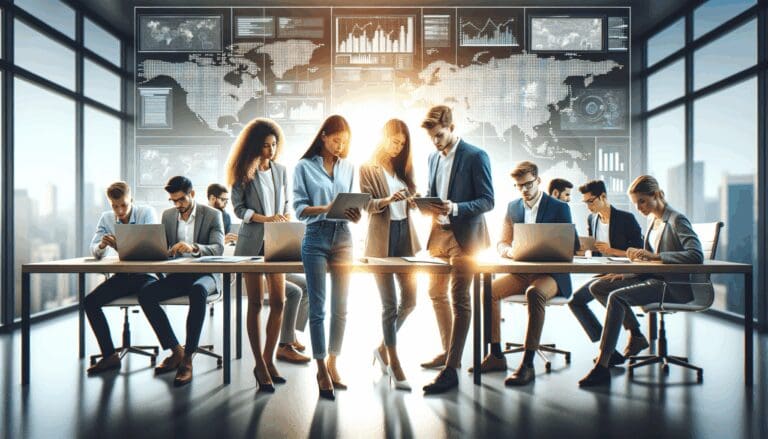 Grupo diverso de jóvenes emprendedores revisando datos en una oficina luminosa con pantallas digitales de mapas y gráficos turísticos.