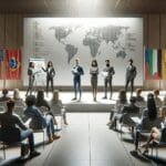 Personas jóvenes presentando proyectos en un auditorio moderno, ambiente de innovación y tecnología.