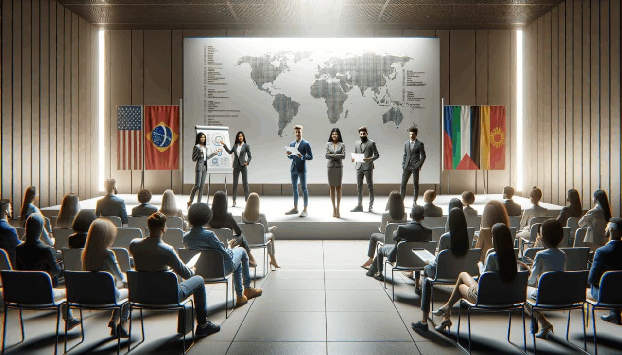 Personas jóvenes presentando proyectos en un auditorio moderno, ambiente de innovación y tecnología.