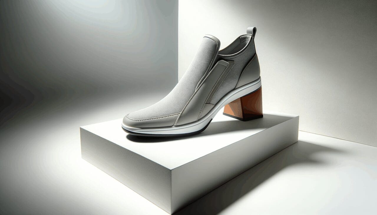 Primer plano de calzado profesional femenino sobre fondo blanco, con diseño moderno y detalles ergonómicos.