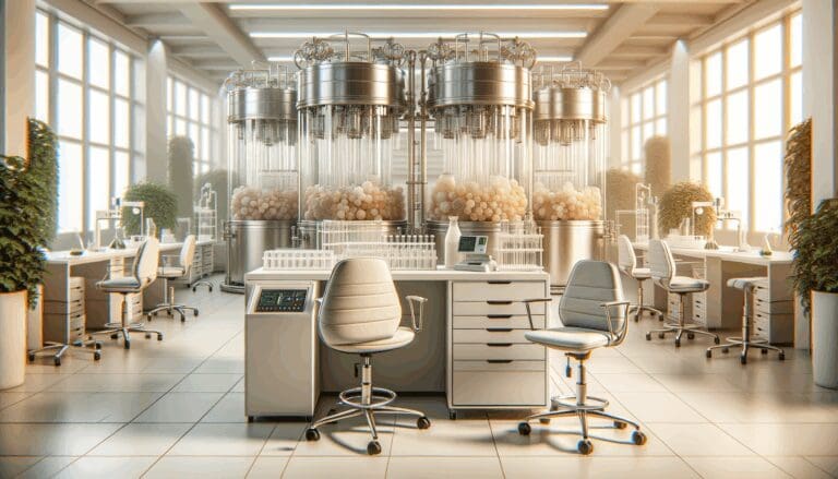 Laboratorio moderno con biorreactores y muestras orgánicas, ambiente tecnológico y sostenible.