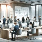 Ilustración de un equipo de jóvenes desarrolladores trabajando en una oficina moderna con pantallas mostrando gráficos y datos de propiedades inmobiliarias.