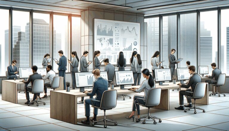 Ilustración de un equipo de jóvenes desarrolladores trabajando en una oficina moderna con pantallas mostrando gráficos y datos de propiedades inmobiliarias.