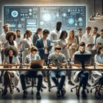 Estudiantes en un laboratorio tecnológico trabajando en dispositivos innovadores.