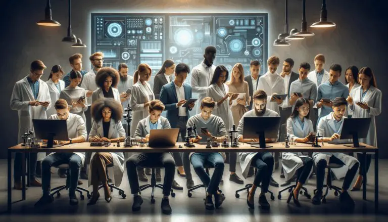 Estudiantes en un laboratorio tecnológico trabajando en dispositivos innovadores.