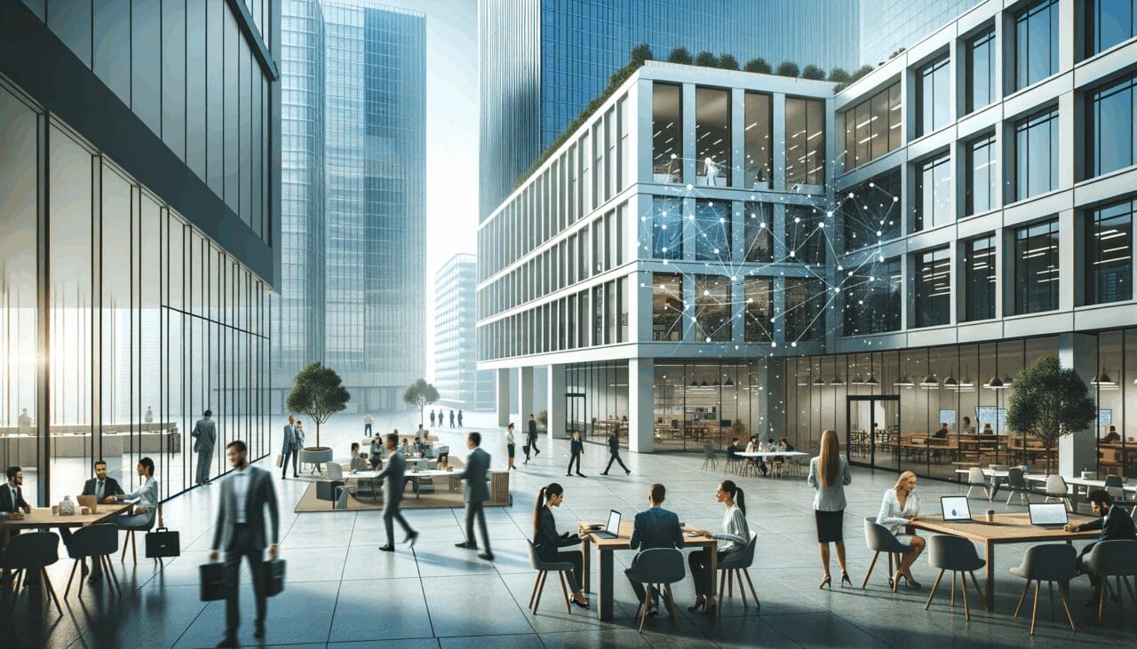 Edificios modernos y personas colaborando en espacios de coworking, ambiente tecnológico y urbano.