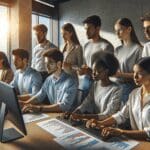 Grupo de jóvenes profesionales trabajando frente a pantallas con gráficos y datos en una oficina moderna y luminosa.