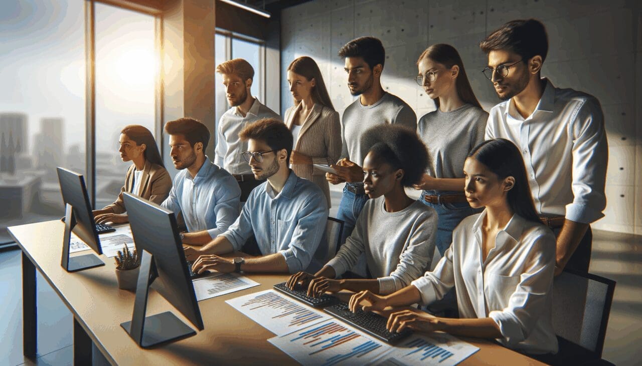 Grupo de jóvenes profesionales trabajando frente a pantallas con gráficos y datos en una oficina moderna y luminosa.