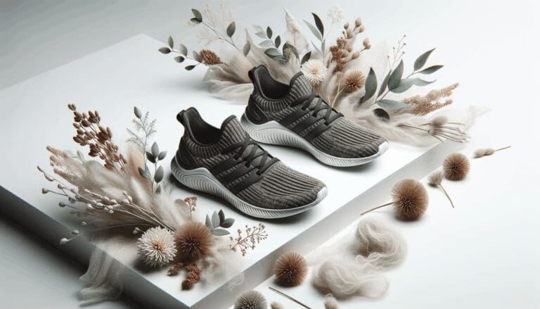 Zapatos deportivos sobre fondo blanco, materiales naturales como plantas y fibras a su alrededor, en una composición limpia y moderna.