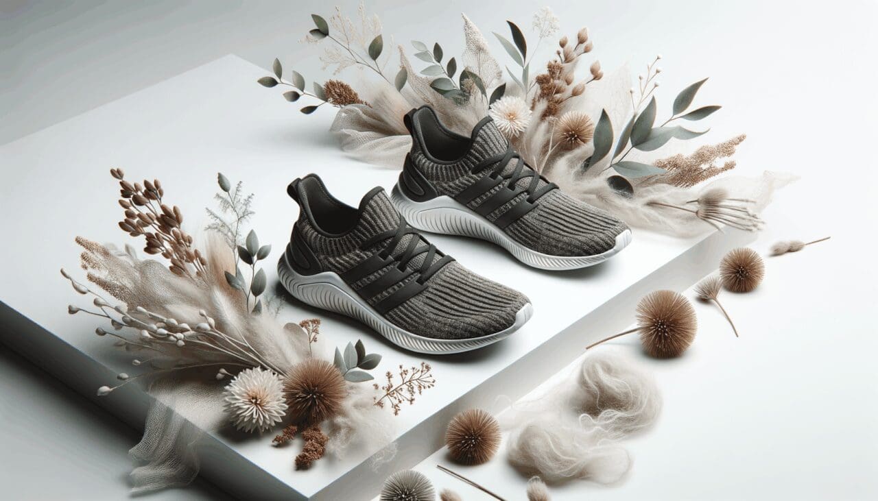 Zapatos deportivos sobre fondo blanco, materiales naturales como plantas y fibras a su alrededor, en una composición limpia y moderna.