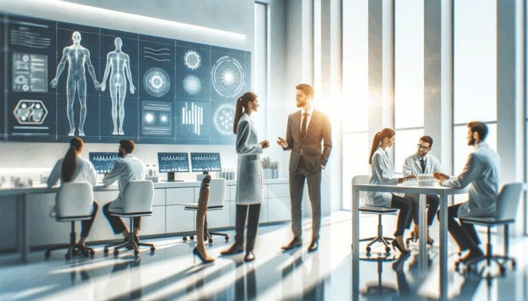 Profesionales colaborando en laboratorio moderno de tecnología médica, ambiente luminoso y corporativo.