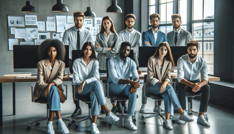 Equipo diverso de jóvenes emprendedores en una oficina moderna, con computadoras y pizarras de ideas.