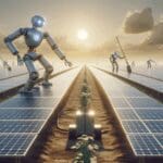 Robots autónomos instalando paneles solares en un campo extenso bajo cielo despejado.