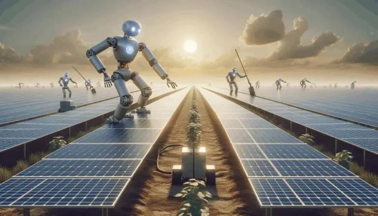 Robots autónomos instalando paneles solares en un campo extenso bajo cielo despejado.
