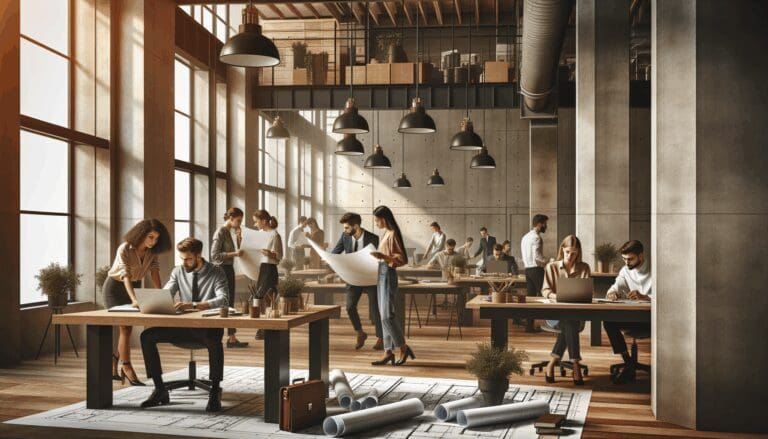 Sala de trabajo moderna con jóvenes profesionales analizando planos y laptops, fondo cálido e industrial.