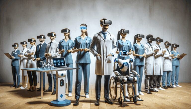 Espacio moderno con profesionales usando visores de realidad virtual y robots asistiendo tareas médicas.