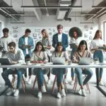 Personas jóvenes colaborando en un espacio de coworking moderno y luminoso con laptops y pizarras digitales.