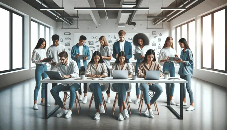 Personas jóvenes colaborando en un espacio de coworking moderno y luminoso con laptops y pizarras digitales.