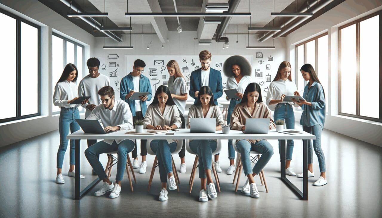 Personas jóvenes colaborando en un espacio de coworking moderno y luminoso con laptops y pizarras digitales.