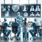 Cirujanos colaborando a distancia frente a pantallas con imágenes médicas en un entorno hospitalario moderno.