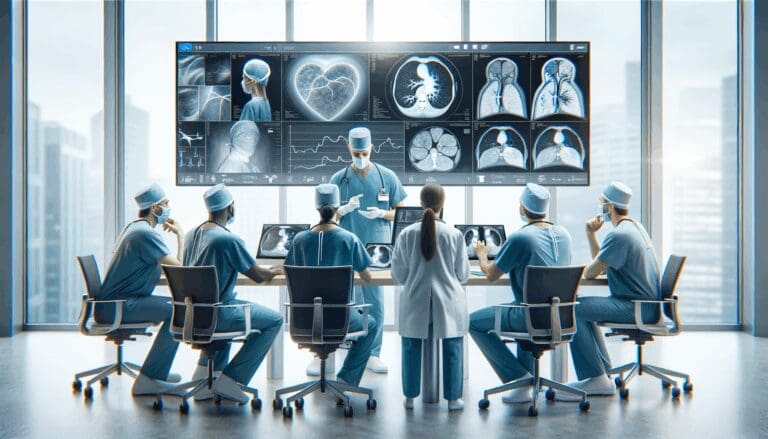Cirujanos colaborando a distancia frente a pantallas con imágenes médicas en un entorno hospitalario moderno.