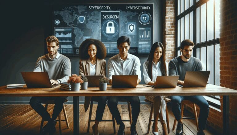 Emprendedores trabajando en laptops en un espacio moderno, pantalla mostrando datos de ciberseguridad.