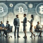 Emprendedores conversando en un ambiente moderno con gráficos digitales de criptomonedas en el fondo.