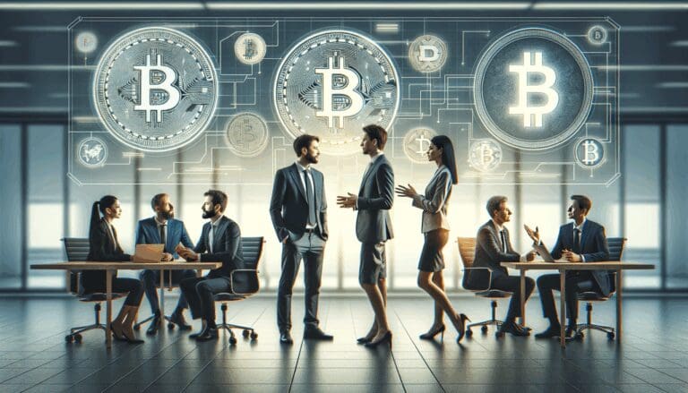 Emprendedores conversando en un ambiente moderno con gráficos digitales de criptomonedas en el fondo.