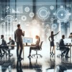 Equipo tecnológico colaborando en una oficina moderna con pantallas y diagramas de flujo.