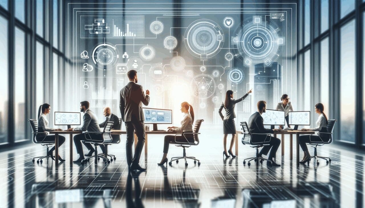 Equipo tecnológico colaborando en una oficina moderna con pantallas y diagramas de flujo.