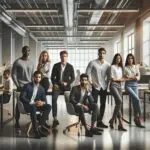 Fotografía editorial de emprendedores colaborando en un moderno espacio de coworking, tecnología visible en el ambiente.